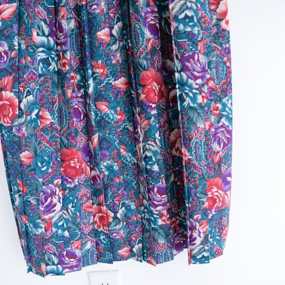 Vintage Schrader Teal Purple Floral Button Front Pleated Maxi Retro 80s Dress 18 - Picture 12 of 14